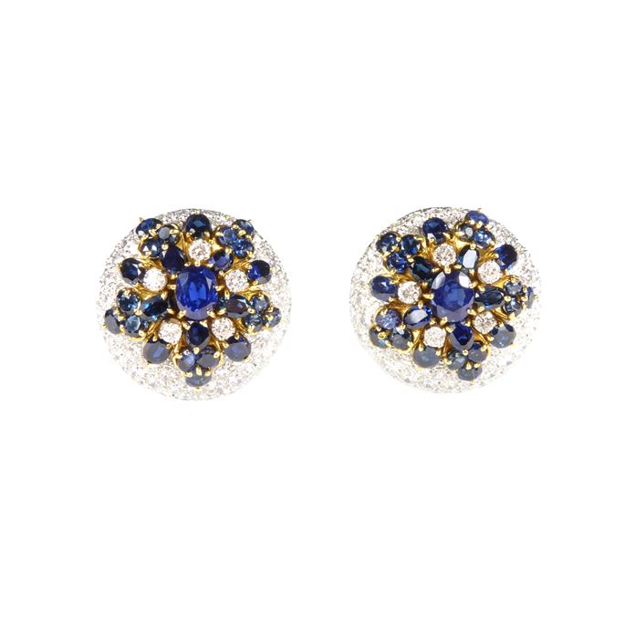 Pair of sapphire and diamond snowflake style cluster dome earrings | MasterArt